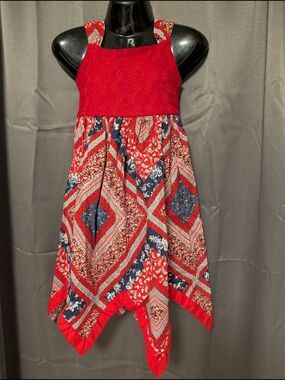 Blueberi Boulevard Red & Navy Patchwork Handkerchief-Hem Dress